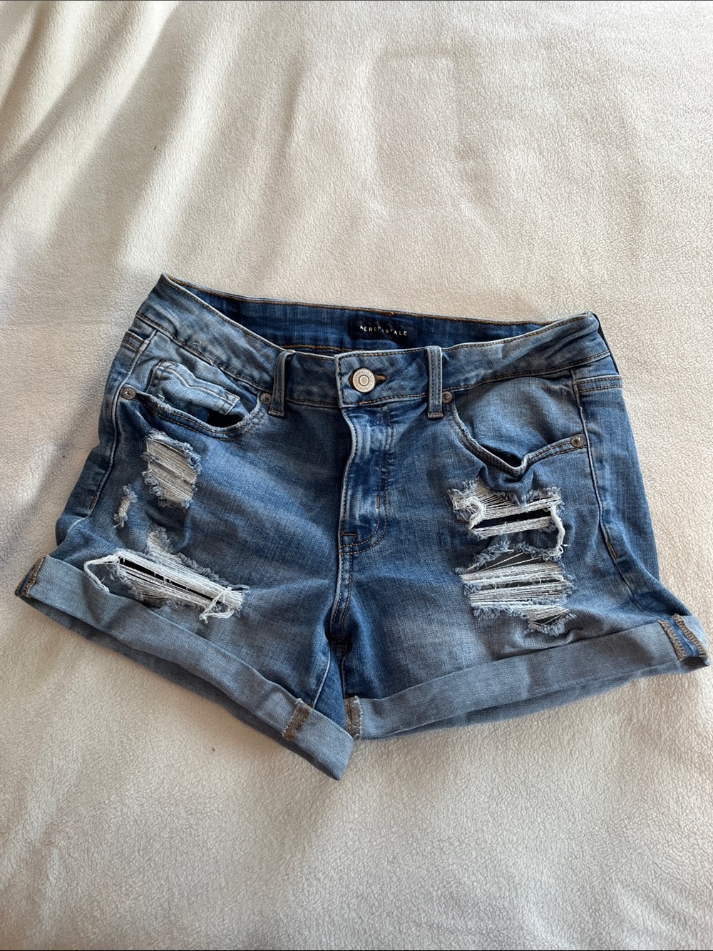 Aeropostale Ripped Roll-Hem Denim Shorts - Medium Blue